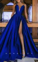 L1003 - Sexy Satin A-Line V-Neck Sleeveless Empire Ruched With Side Slit Train Party Evening Prom Formal Dress