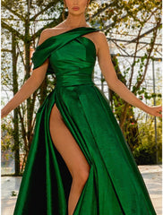 A-Line Evening Gown Elegant Dress Formal Sweep / Brush Train Christmas Red Green Dress Sleeveless One Shoulder Satin with Pleats Ruched Slit 2025
