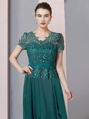 A-Line Mother of the Bride Dress Formal Party Sparkle & Shine Elegant V Neck Floor Length Chiffon Sequined Short Sleeve with Pleats