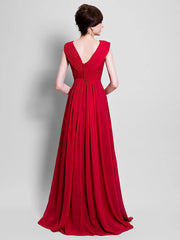 A-Line Mother of the Bride Dress Open Back V Neck Floor Length Chiffon Sleeveless with Beading Side
