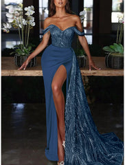 Mermaid Dress Evening Gown Red Green Dress Dress Formal Wedding Guest Court Train Sleeveless Off Shoulder Charmeuse with Ruched Sequin Slit