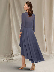 A-Line Mother of the Bride Dress Elegant High Low Jewel Neck Asymmetrical Tea Length Chiffon Lace Short Sleeve Wrap Included with Ruched Sequin Appliques