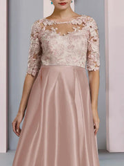 Sheath / Column Mother of the Bride Dress Wedding Guest Party Elegant Scoop Neck Asymmetrical Satin Lace Half Sleeve with Pleats