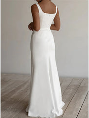 Beach Casual Wedding Dresses Sheath / Column Square Neck Sleeveless Floor Length Stretch Fabric Bridal Gowns With Sash / Ribbon