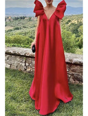 A-Line Evening Gown Party Dress Red Green Dress Formal Wedding Sweep / Brush Train Sleeveless V Neck Charmeuse with Pleat