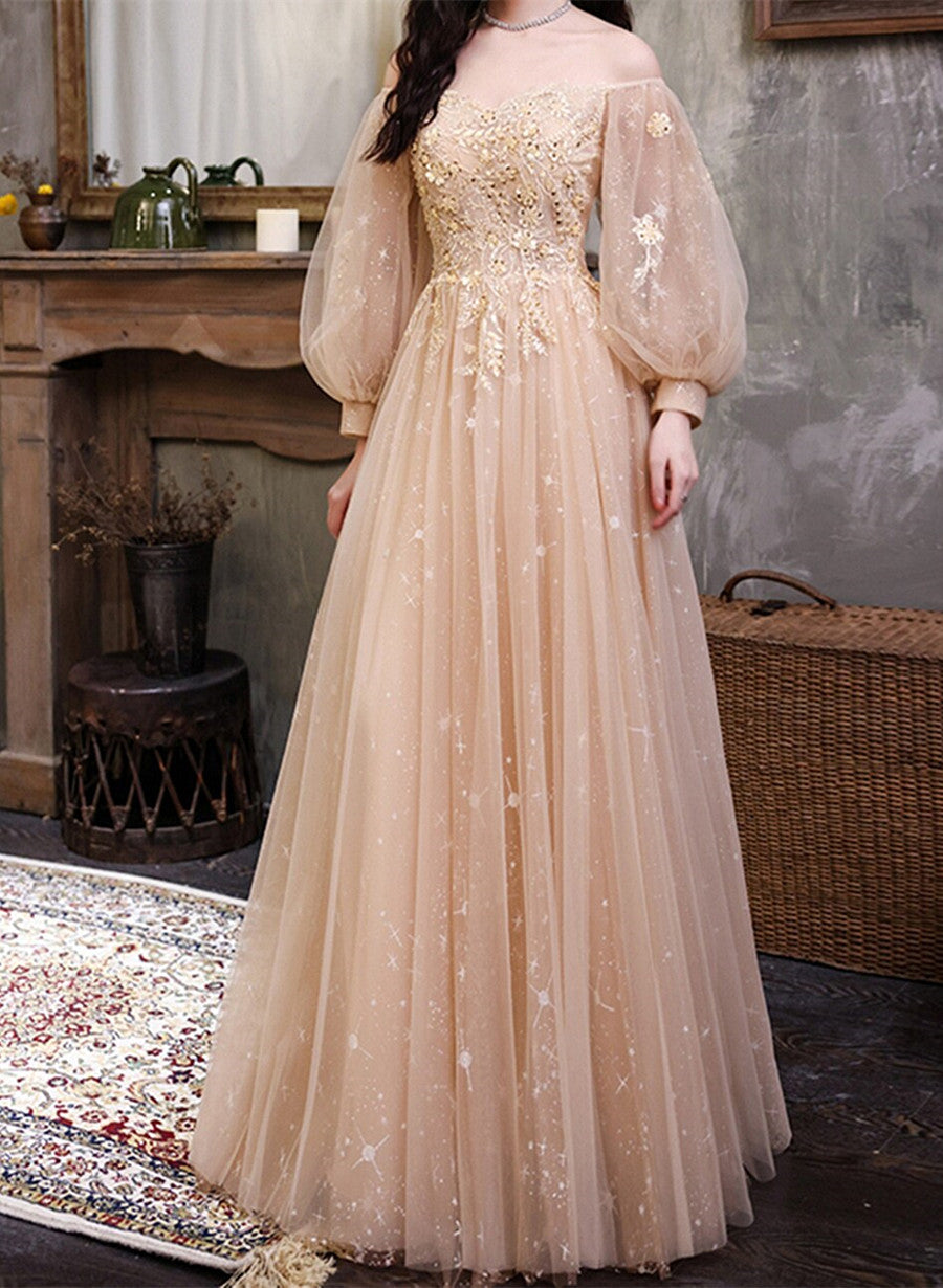 Champagne Puffy Sleeves Tulle Long Prom Dress, A-line Tulle Formal Dress