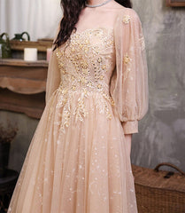 Champagne Puffy Sleeves Tulle Long Prom Dress, A-line Tulle Formal Dress