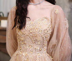 Champagne Puffy Sleeves Tulle Long Prom Dress, A-line Tulle Formal Dress