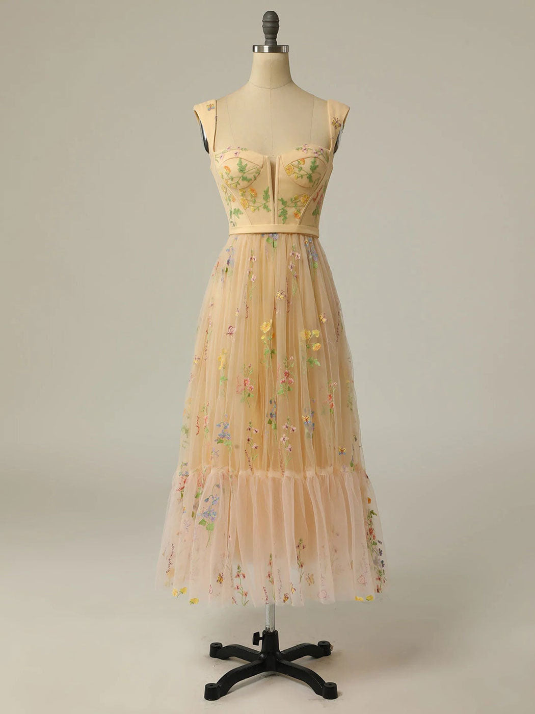Champagne A line tulle lace tea length prom dress, champagne evening dress