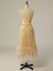 Champagne A line tulle lace tea length prom dress, champagne evening dress