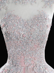 Pink tulle lace long prom dress, pink sweet 16 dress