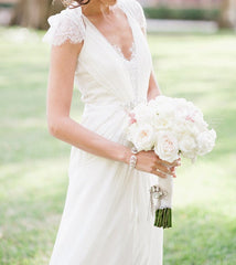 A Line V neck Cap Sleeves White Long Lace Wedding Dress, Wedding Prom Gowns