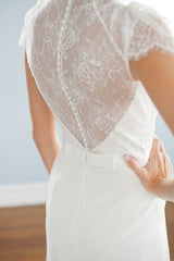 A Line V neck Cap Sleeves White Long Lace Wedding Dress, Wedding Prom Gowns
