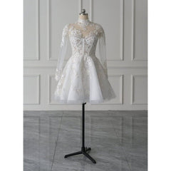 Marilla | Short White A-Line Illusion Neck Long Sleeves Lace Wedding Dresses
