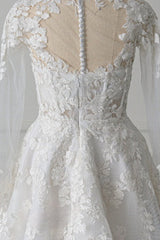 Marilla | Short White A-Line Illusion Neck Long Sleeves Lace Wedding Dresses
