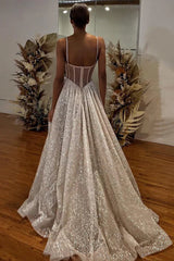 Spaghetti Straps Lace Appliques Sparkly A-Line Wedding Dress