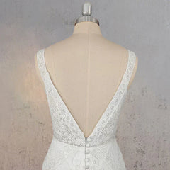 Mermaid White V Neck Illusion Wedding Dress