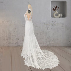 Mermaid White V Neck Illusion Wedding Dress