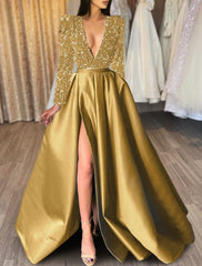 A-Line/Princess V-Neck Long Prom Dresses With Split Side & Sequins Sparkly