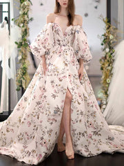 Unique sweetheart neck puff sleeves long prom dress long formal dress