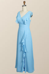 Blauwe chiffon ruches lange bruidsmeisje jurk