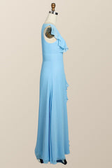 Blauwe chiffon ruches lange bruidsmeisje jurk