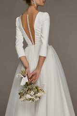 Bridal 1940s / 1950s Wedding Dresses Tea Length 3/4 Sleeves Bridal Gown Wedding Dresses