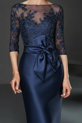 Bateau 3/4 Long Sleeves Satin Mother of the Bride Dresses with Lace