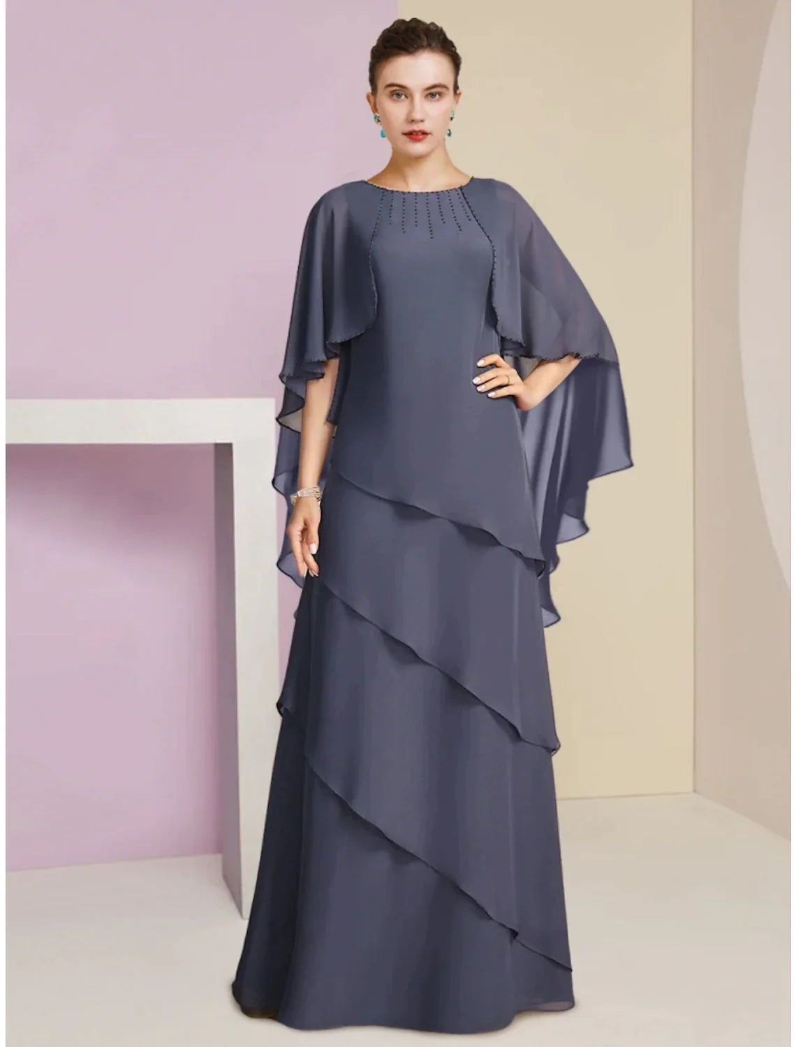 Sheath / Column Mother of the Bride Dress Wedding Guest Elegant Jewel Neck Floor Length Chiffon Half Sleeve with Sequin Tier Solid Color
