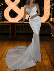Hall Sparkle & Shine Glitter & Sparkle Wedding Dresses Mermaid / Trumpet Sweetheart Strapless Court Train Satin Bridal Gowns With Ruched Sequin