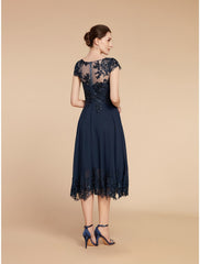 A-Line Mother of the Bride Dress Formal Wedding Guest Elegant Vintage Scoop Neck Tea Length Lace 3/4 Length Sleeve with Sequin Appliques