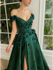 A-Line Prom Dresses Floral Dress Wedding Guest Wedding Party Court Train Sleeveless Off Shoulder Satin with Slit Appliques