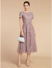 Aimishang  A-Line Mother of the Bride Dress Wedding Guest Elegant Petite Jewel Neck Tea Length Lace Tulle Short Sleeve with Ruching Flower