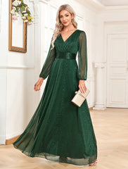 Aimishang  A-Line Evening Gown Sparkle & Shine Dress Formal Wedding Party Dress Floor Length Long Sleeve V Neck Chiffon with Sequin
