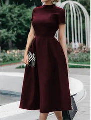 A-Line Wedding Guest Dresses Minimalist Dress Party Dress Wedding Party Tea Length Short Sleeve High Neck Stretch Satin with Pleats Pure Color