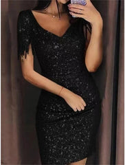 Women's Gold Sequin Dress Fringe Dress Gold Dress Party Dress Sparkly Dress Homecoming Dress Mini Dress Silver Black Short Sleeve Spring Fall V Neck Fashion Wedding Guest