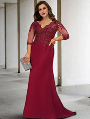 Aimishang A-Line Plus Size Curve Mother of the Bride Dresses Elegant Dress Formal Wedding Guest Court Train 3/4 Length Sleeve V Neck Chiffon with Sequin Slit Appliques