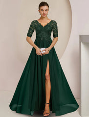 Aimishang  A-Line Mother of the Bride Dress Formal Wedding Guest Elegant V Neck Floor Length Chiffon Lace Half Sleeve with Pleats Appliques Split Front