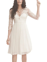 Reception Open Back Little White Dresses Wedding Dresses A-Line V Neck 3/4 Length Sleeve Knee Length Chiffon Bridal Gowns With Ruched