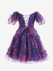 Ivana | Purple A Line Off the Shoulder Floral Printed Homecoming Dress