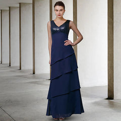 A-Line Mother of the Bride Dress Elegant V Neck Floor Length Chiffon Sequined Sleeveless Wrap Included with Sequin