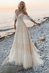 Deep V Neck A Line Boho Wedding Dresses Lace Short Sleeve Bridal Gown With Sweep Train