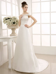 Ivory A-Line Sweep Bridal Wedding Dress With Off-The-Shoulder Ruffles Exclusive