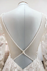 Ivory A-Line Tule lange mouwen Lace Appliques Open achterste trouwjurken open
