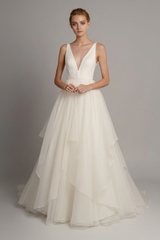 White A-Line Wedding Dresses Sleeveless Tiered V-Neck Long Bridal Dresses