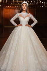 Glitter Appliques Lace Beaded A-Line Wedding Dress Long Sleeves