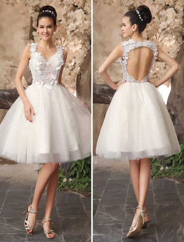 Ivory Backless Lace Applique Tulle Sequins Short Wedding Dress