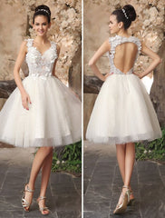 Ivory Backless Lace Applique Tulle Sequins Short Wedding Dress