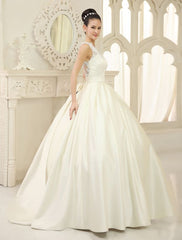 Ivory Ball Gown Jewel Neck Bow Floor-Length Satin Bridal Wedding Gown Exclusive