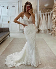 Ivory Beaded Lace Applique Spaghetti Strap Wedding Dresses V-Neck Mermaid Bridal Gown VW2174